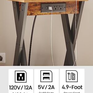 TUTOTAK End Table with Charging Station, X Shaped Side Table with USB Ports and Outlets, Nightstand, 2-Tier Storage Shelf, Sofa Table for Small Space, Brown TB01BB048
