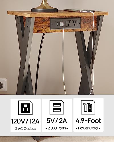 TUTOTAK End Table with Charging Station, X Shaped Side Table with USB Ports and Outlets, Nightstand, 2-Tier Storage Shelf, Sofa Table for Small Space, Brown TB01BB048