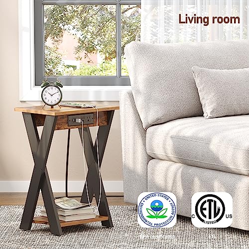 TUTOTAK End Table with Charging Station, X Shaped Side Table with USB Ports and Outlets, Nightstand, 2-Tier Storage Shelf, Sofa Table for Small Space, Brown TB01BB048