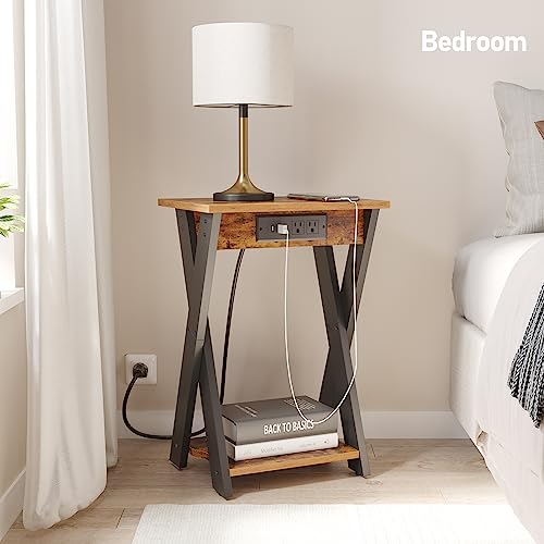 TUTOTAK End Table with Charging Station, X Shaped Side Table with USB Ports and Outlets, Nightstand, 2-Tier Storage Shelf, Sofa Table for Small Space, Brown TB01BB048