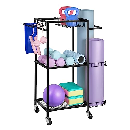 Yoga Mat Storage Rack Weight Rack for Dumbbells Home Gym Storage Rack Workout Equipment Storage Cart Hooks for Yoga Mats, Dumbbells, Kettlebells, Foam Rollers, and Resistance Bands, Black