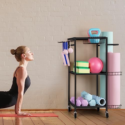 Yoga Mat Storage Rack Weight Rack for Dumbbells Home Gym Storage Rack Workout Equipment Storage Cart Hooks for Yoga Mats, Dumbbells, Kettlebells, Foam Rollers, and Resistance Bands, Black