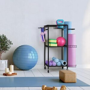 Yoga Mat Storage Rack Weight Rack for Dumbbells Home Gym Storage Rack Workout Equipment Storage Cart Hooks for Yoga Mats, Dumbbells, Kettlebells, Foam Rollers, and Resistance Bands, Black