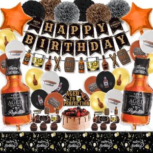 miucat whiskey birthday party decorations for men, aged to perfection supplies with garland, banner, cake toppers, balloons, tissue paper flowers men 30th 40th 50th