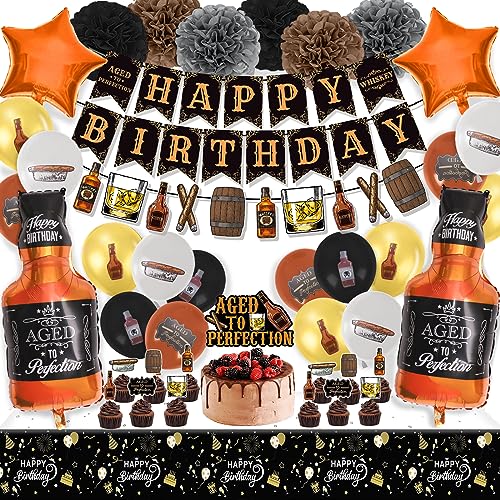 Miucat Whiskey Birthday Party Decorations for Men, Aged to Perfection Supplies with Garland, Banner, Cake Toppers, Balloons, Tissue Paper Flowers Men 30th 40th 50th