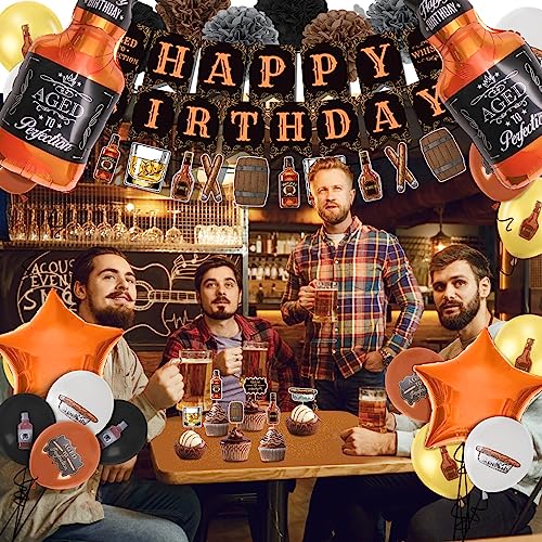 Miucat Whiskey Birthday Party Decorations for Men, Aged to Perfection Supplies with Garland, Banner, Cake Toppers, Balloons, Tissue Paper Flowers Men 30th 40th 50th