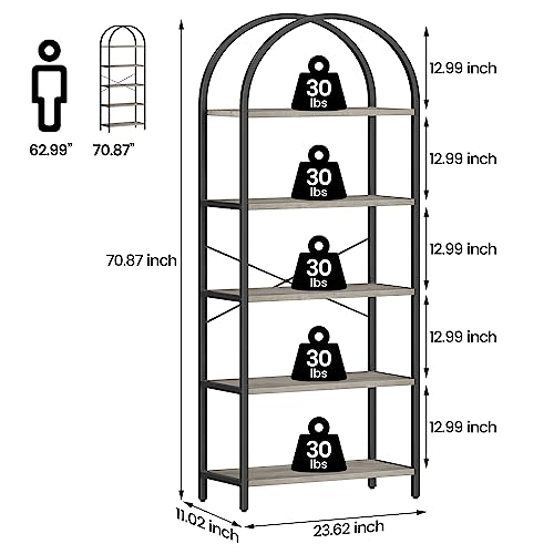 IDEALHOUSE Bookshelf 5 Tier Bookcase Arched Display Racks Tall Standing Bookshelves Metal Frame Farmhouse Storage Rack Shelf Grey Book Shelf for Bedroom, Living Room, Home Office