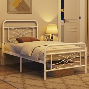 topeakmart twin bed frames metal bed with vintage style/criss-cross design headboard/mattress foundation/no box spring needed/under bed storage/strong slat support white twin bed