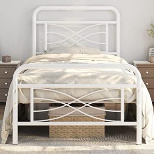 Topeakmart Twin Bed Frames Metal Bed with Vintage Style/Criss-Cross Design Headboard/Mattress Foundation/No Box Spring Needed/Under Bed Storage/Strong Slat Support White Twin Bed
