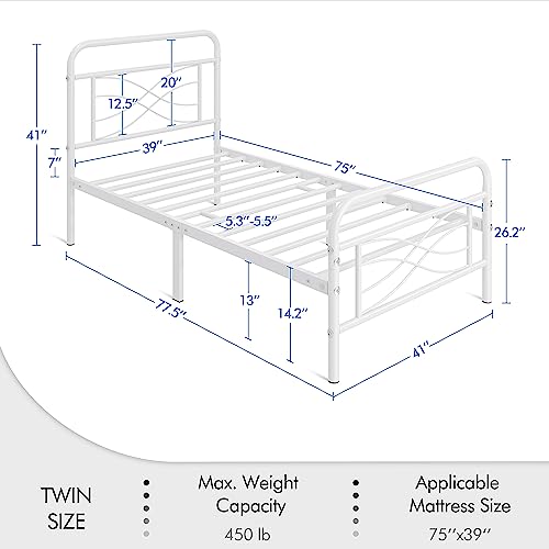 Topeakmart Twin Bed Frames Metal Bed with Vintage Style/Criss-Cross Design Headboard/Mattress Foundation/No Box Spring Needed/Under Bed Storage/Strong Slat Support White Twin Bed