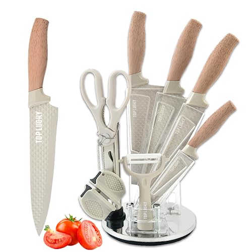 Kitchen Knife Set, 8-Piece Khaki Super Sharp Knife Set with Block, Kitchen Knife Block Set Stainless Steel Sturdy Durable Kitchen Knives, Non-stick Cooking Knives Sets with Knife Shapener (Khaki)