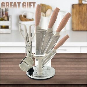 Kitchen Knife Set, 8-Piece Khaki Super Sharp Knife Set with Block, Kitchen Knife Block Set Stainless Steel Sturdy Durable Kitchen Knives, Non-stick Cooking Knives Sets with Knife Shapener (Khaki)