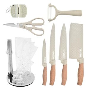 Kitchen Knife Set, 8-Piece Khaki Super Sharp Knife Set with Block, Kitchen Knife Block Set Stainless Steel Sturdy Durable Kitchen Knives, Non-stick Cooking Knives Sets with Knife Shapener (Khaki)