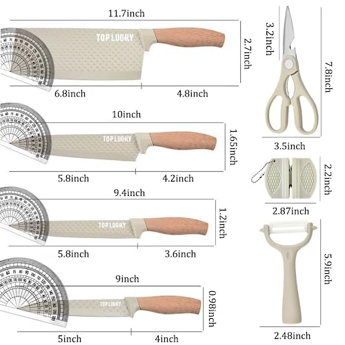 Kitchen Knife Set, 8-Piece Khaki Super Sharp Knife Set with Block, Kitchen Knife Block Set Stainless Steel Sturdy Durable Kitchen Knives, Non-stick Cooking Knives Sets with Knife Shapener (Khaki)