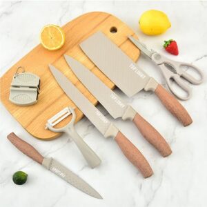 Kitchen Knife Set, 8-Piece Khaki Super Sharp Knife Set with Block, Kitchen Knife Block Set Stainless Steel Sturdy Durable Kitchen Knives, Non-stick Cooking Knives Sets with Knife Shapener (Khaki)