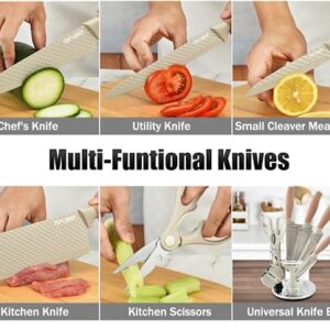 Kitchen Knife Set, 8-Piece Khaki Super Sharp Knife Set with Block, Kitchen Knife Block Set Stainless Steel Sturdy Durable Kitchen Knives, Non-stick Cooking Knives Sets with Knife Shapener (Khaki)