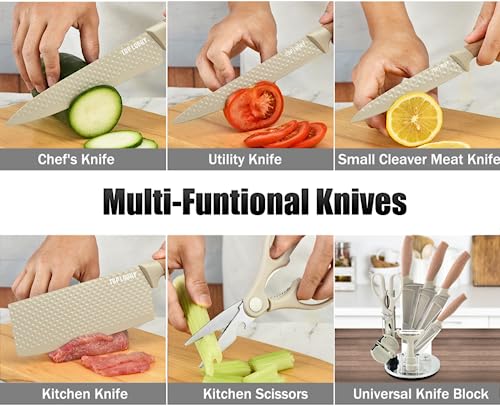 Kitchen Knife Set, 8-Piece Khaki Super Sharp Knife Set with Block, Kitchen Knife Block Set Stainless Steel Sturdy Durable Kitchen Knives, Non-stick Cooking Knives Sets with Knife Shapener (Khaki)