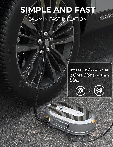 Tire Inflator Portable Air Compressor 150PSI with Pressure Gauge 12v Air Compressor Tire Inflator with Auto Retraction Power Cord, Auto Shut-off and Emergency LED Light By Giraffe Tools