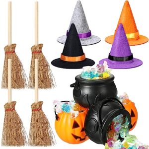 12 pcs halloween mini witch hats candy cauldron mini broom witch craft miniatures wizard accessory for halloween decorations (cool style)