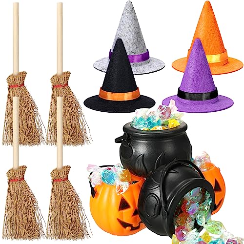 12 Pcs Halloween Mini Witch Hats Candy Cauldron Mini Broom Witch Craft Miniatures Wizard Accessory for Halloween Decorations (Cool Style)