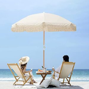lefeda 6.5ft boho umbrella with fringe beige beach umbrellas for sand uv protection large outdoor umbrella wooden stanchions patio table umbrella waterproof foldable 8 ribs with carry bag