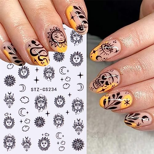 JMEOWIO 12 Sheets Moon Star Sun Nail Art Stickers Decals Self-Adhesive Pegatinas Uñas Black Nail Supplies Nail Art Design Decoration Accessories