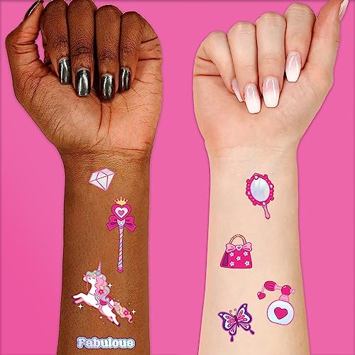 Konsait 96pcs Glitter Pink Temporary Tattoos for Girls Kids Tattoos Temporary for birthday party -Waterproof Princess Fairy Tattoos for Birthday Party Favors