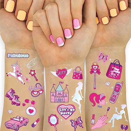 Konsait 96pcs Glitter Pink Temporary Tattoos for Girls Kids Tattoos Temporary for birthday party -Waterproof Princess Fairy Tattoos for Birthday Party Favors