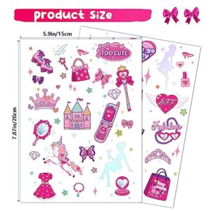 Konsait 96pcs Glitter Pink Temporary Tattoos for Girls Kids Tattoos Temporary for birthday party -Waterproof Princess Fairy Tattoos for Birthday Party Favors