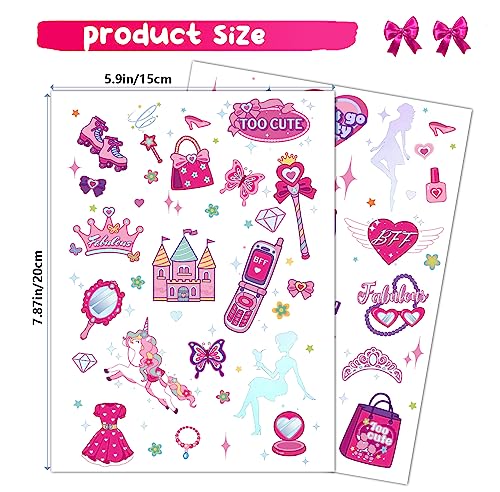 Konsait 96pcs Glitter Pink Temporary Tattoos for Girls Kids Tattoos Temporary for birthday party -Waterproof Princess Fairy Tattoos for Birthday Party Favors