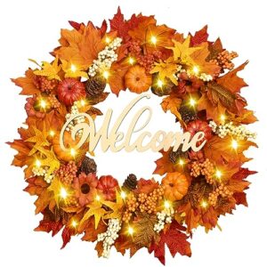 waipfaru fall wreaths for front door, 20'' autumn fall wreath with lights and welcome sign, fall leaf outdoor wreath for thanksgiving farmhouse front porch patio decor