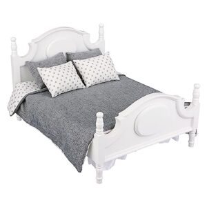 dollhouse furniture queen bed set, mini bedroom accessories for 12 inch dolls, grey bedding, white wooden frame, 1/6 scale