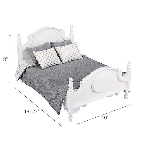 Dollhouse Furniture Queen Bed Set, Mini Bedroom Accessories for 12 inch Dolls, Grey Bedding, White Wooden Frame, 1/6 Scale