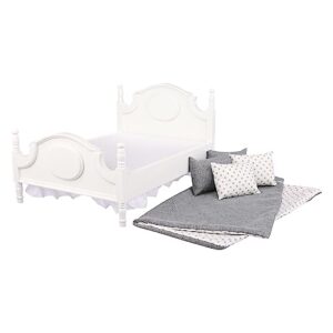 Dollhouse Furniture Queen Bed Set, Mini Bedroom Accessories for 12 inch Dolls, Grey Bedding, White Wooden Frame, 1/6 Scale