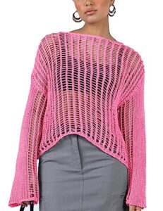 crochet tops for women summer hollow out knit sweaters long sleeve crop mesh top fashion y2k beach cover up pink l