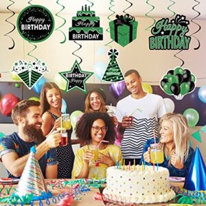 Green Birthday Hanging Swirls Decorations for Women Men, 16Pcs Black and Green Happy Birthday Foil Swirls Party Supplies, 10th 16th 18th 21st 30th 40th 50th 60th Bday Green Theme Swirls Ceiling Decor