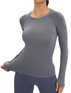 mathcat workout seamless shirts for women long-sleeved yoga running breathable thumb holes tops grey