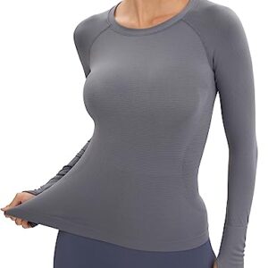 MathCat Workout Seamless Shirts for Women Long-Sleeved Yoga Running Breathable Thumb Holes Tops Grey