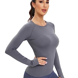 MathCat Workout Seamless Shirts for Women Long-Sleeved Yoga Running Breathable Thumb Holes Tops Grey