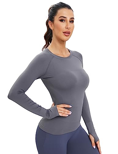 MathCat Workout Seamless Shirts for Women Long-Sleeved Yoga Running Breathable Thumb Holes Tops Grey