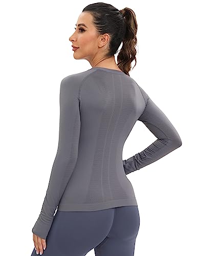 MathCat Workout Seamless Shirts for Women Long-Sleeved Yoga Running Breathable Thumb Holes Tops Grey