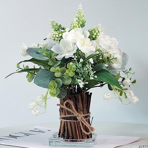 YXZZWL 12" Fake Potted Plants Mini Artificial Eucalyptus Small Faux Plants with White Flowers for Home Office Farmhouse Bathroom Dining Table Centerpiece Decorations Coffee Table Decor Indoor