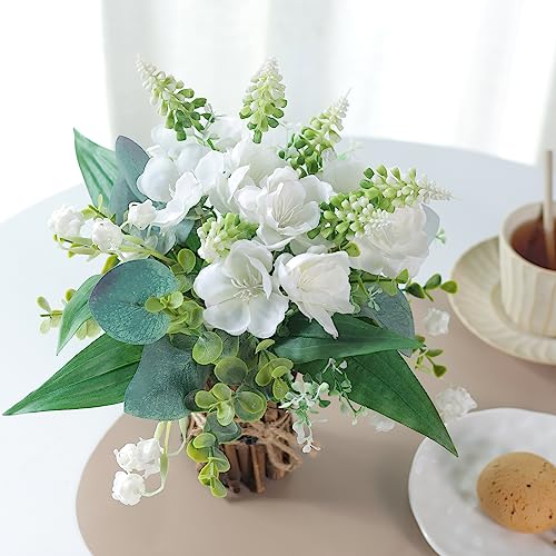 YXZZWL 12" Fake Potted Plants Mini Artificial Eucalyptus Small Faux Plants with White Flowers for Home Office Farmhouse Bathroom Dining Table Centerpiece Decorations Coffee Table Decor Indoor