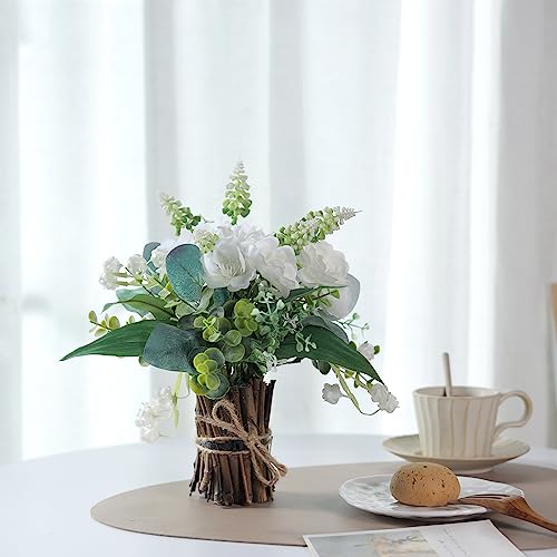 YXZZWL 12" Fake Potted Plants Mini Artificial Eucalyptus Small Faux Plants with White Flowers for Home Office Farmhouse Bathroom Dining Table Centerpiece Decorations Coffee Table Decor Indoor