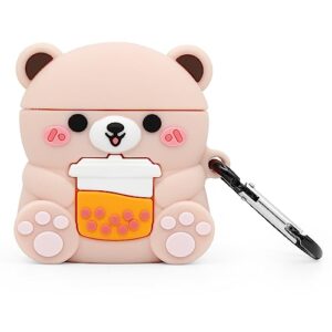 mouzor cute airpods case, boba tea bear airpods 2 case, funny cartoon 3d animals soft pvc shockproof charging case cover with carabiner for airpods 1st generation, airpods 2nd generation