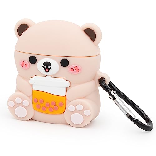 Mouzor Cute Airpods Case, Boba Tea Bear Airpods 2 Case, Funny Cartoon 3D Animals Soft PVC Shockproof Charging Case Cover with Carabiner for Airpods 1st Generation, Airpods 2nd Generation