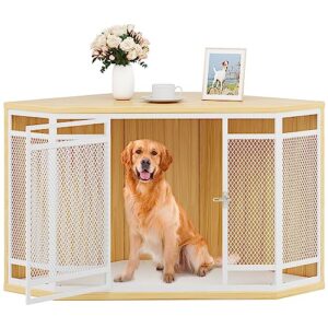 yitahome corner dog crate furniture, 43.7 inch wooden dog kennel with metal mesh, end table, indoor dog cage, dog house pet crate for small medium large dogs,walnut color