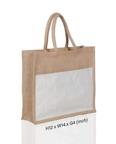 Globyz Jute Tote Bags With Canvas Pocket and Handles For Gifts Jute Bag With Initials Letter Printed Premium Tote Bag (A)