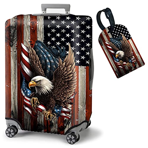 Luggage Covers for Suitcase TSA Approved,Elastic Washable Suitcase Cover Protector, Bald Eagle with American Flag Luggage Cover Sleeve Wrap for 22/23/24/25 Inches Suitcase (M) Travel Accessories