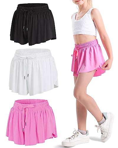 KEREDA 3 Pack Flowy Shorts Girls Butterfly Shorts, Preppy Youth/Kids/Girls Athletic Shorts with Spandex Liner 2-in-1 for Running, Sports, Fitness,Tennis 9-10Y (Black-White-Hot Pink)